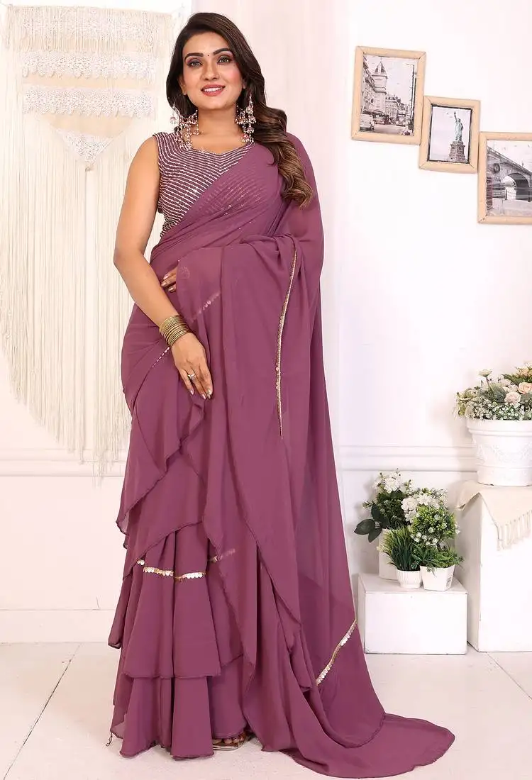 Wine georgette ready to wear ruffle style saree with sequin embroidery blouse piece