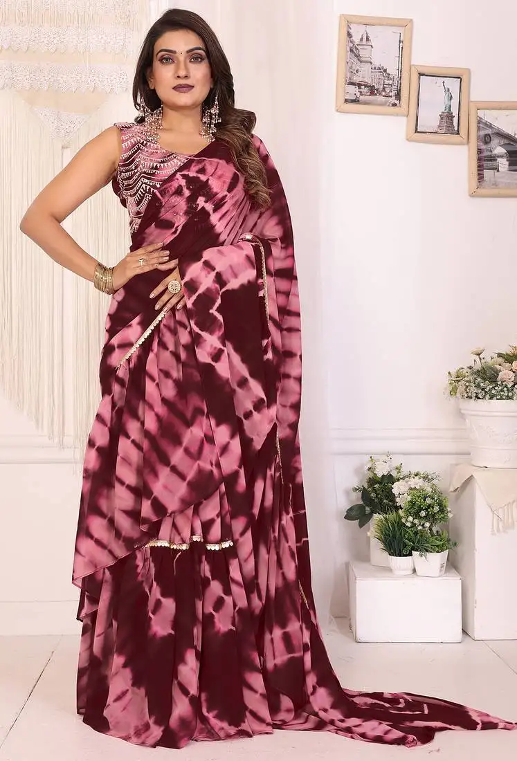 Maroon shibori printed ruffled stitched ready to wear saree with sequin unstitched blouse