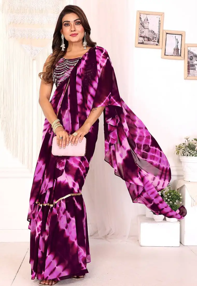Wine shibori printed ruffled stitched ready to wear saree with sequin unstitched blouse