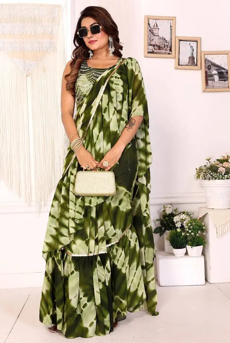 Mehendi shibori printed ruffled stitched ready to wear saree with sequin unstitched blouse