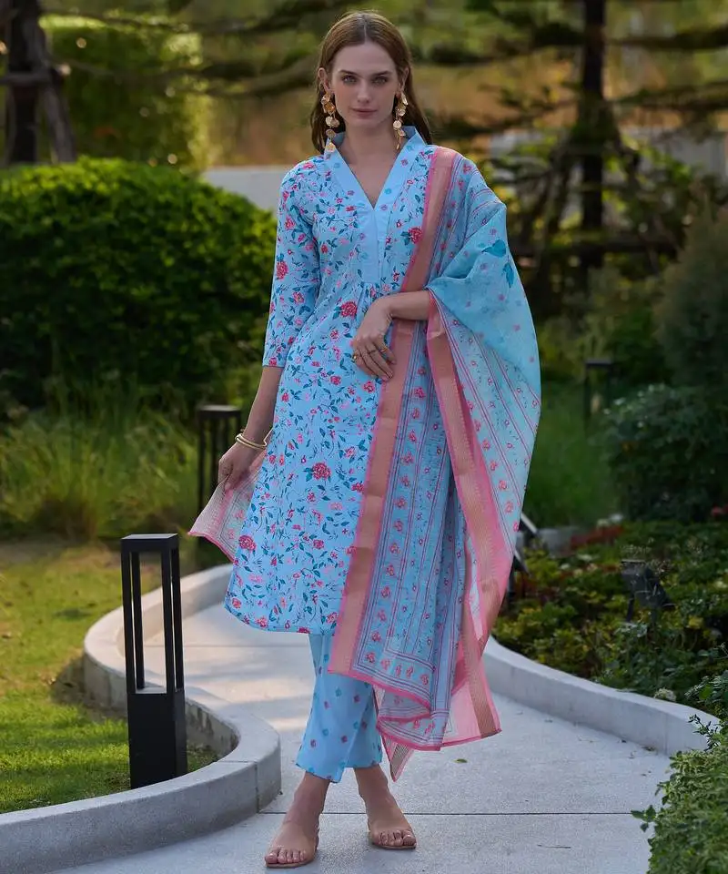 Women's gorgeous cotton printed straight kurta with pant and dupatta set