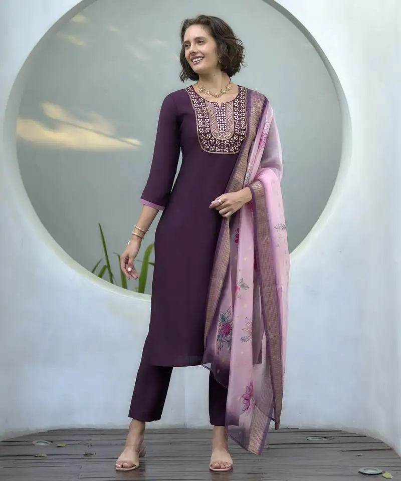 Women's gorgeous vatican embroidery straight kurta with pant and dupatta set