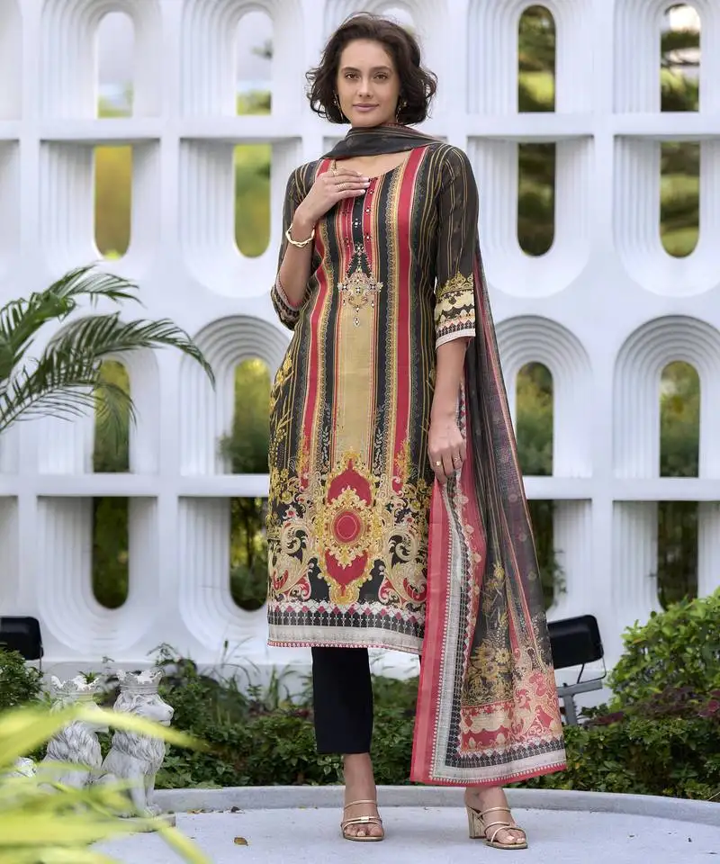 Women's gorgeous silk blend embroidery straight kurta with pant and dupatta set