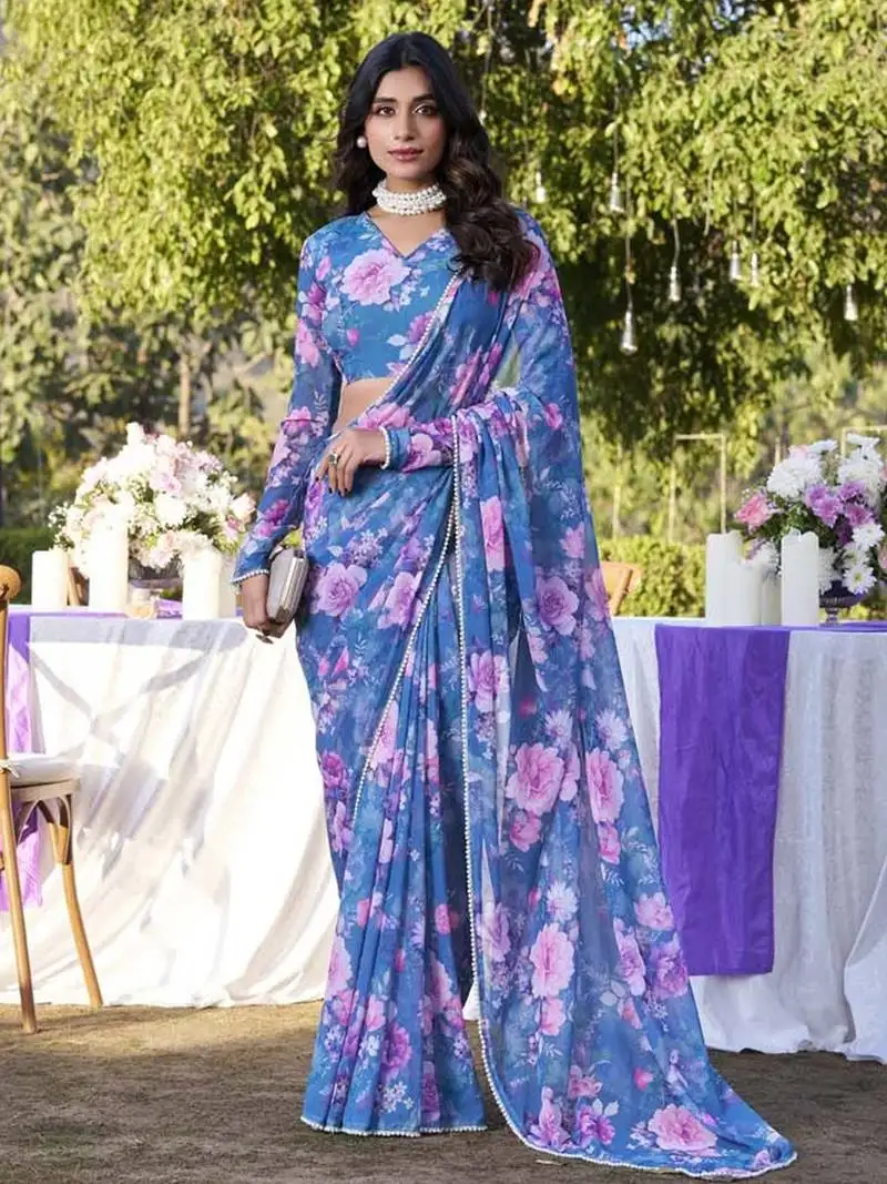 Blue weightless marbal printed & peral lace border saree with unstitched blouse
