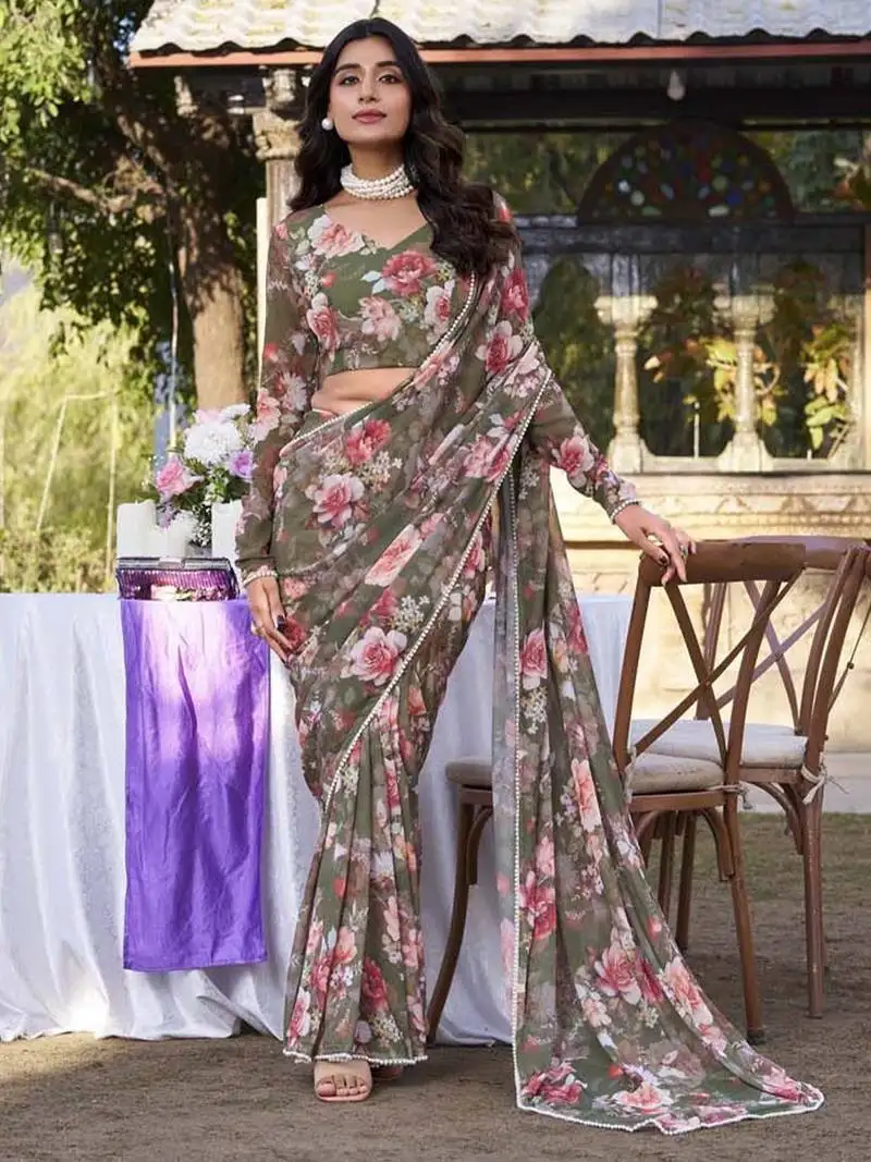 Mehendi weightless marbal printed & peral lace border saree with unstitched blouse