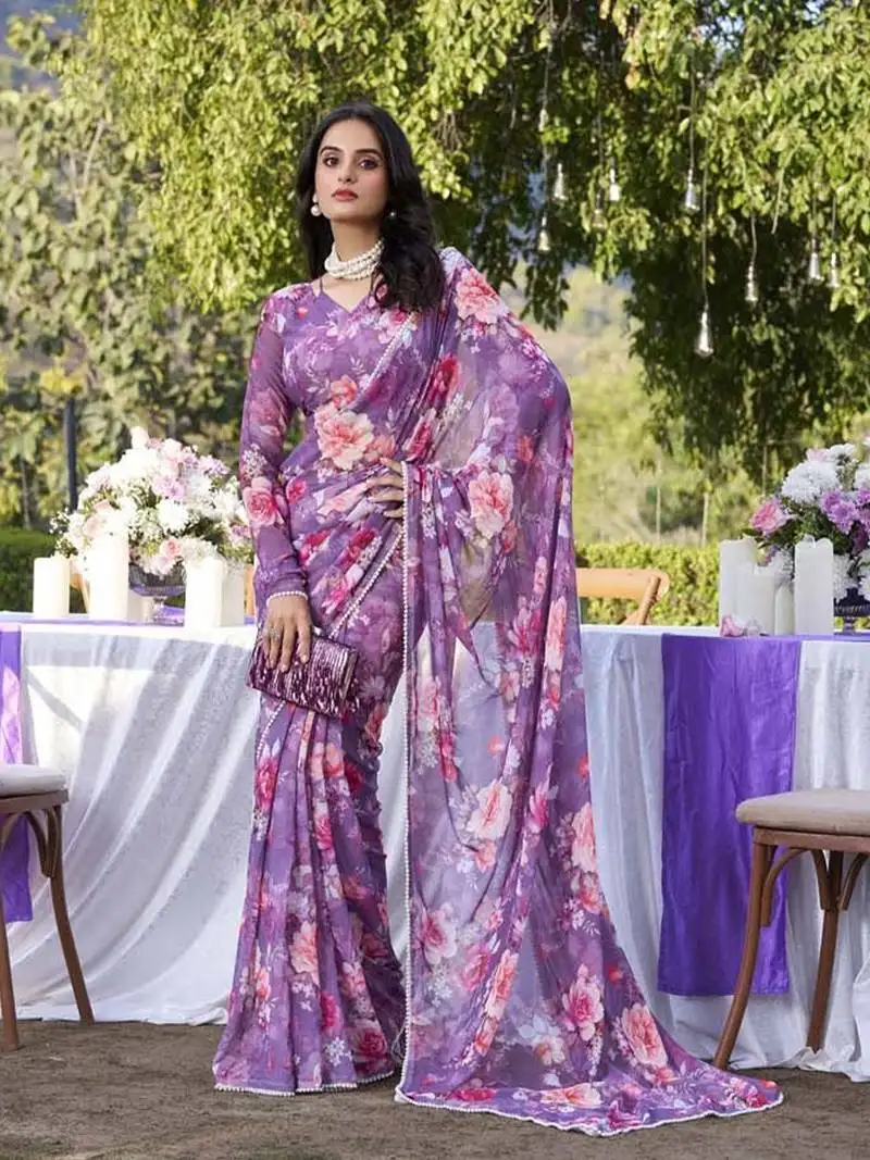 Onion weightless marbal printed & peral lace border saree with unstitched blouse