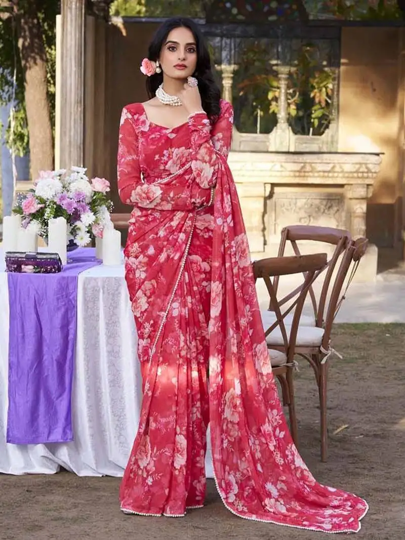 Red weightless marbal printed & peral lace border saree with unstitched blouse