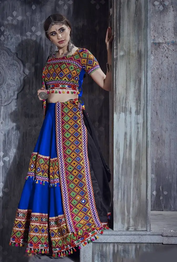 Blue and black gamthi work navratri rajwadi designer indian chaniya choli and traditional dupatta