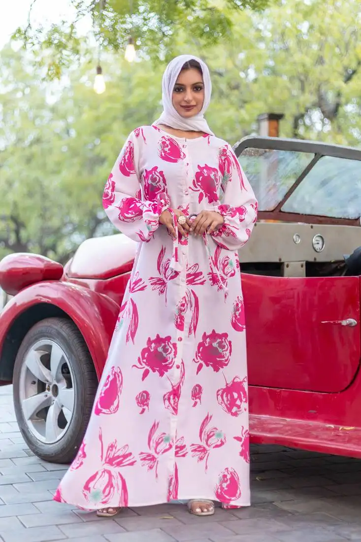 Pink fancy nida printed abaya