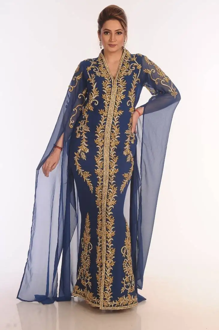 Blue kaftan dubai moroccan farasha abaya maxi modern fancy floor length dress