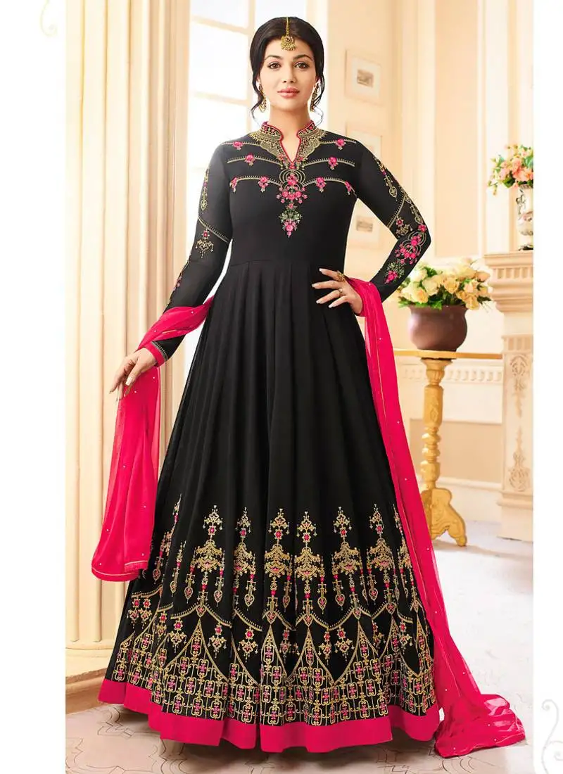 Black georgette zari embroidered wedding wear designer anarkali semi-suit semi stitched