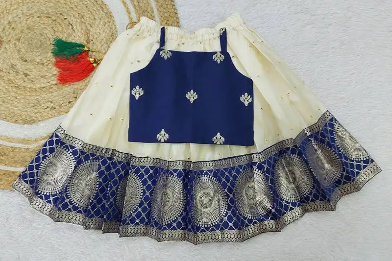 Baby girls south indian pattu pavadai blue lehenga choli set for kids