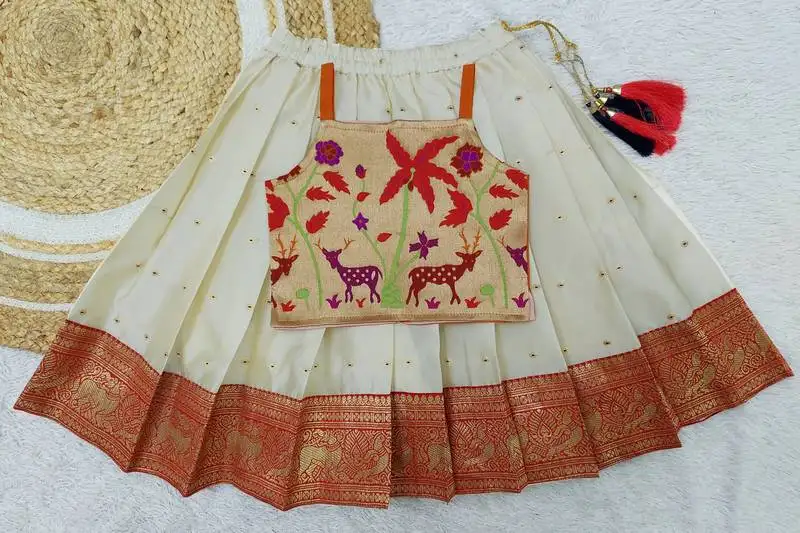 Baby girls readymade south indian pattu pavadai orange lehenga choli set for kids