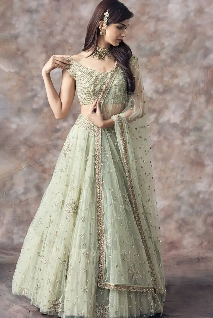 Pista green soft net embroidery work lehenga choli set