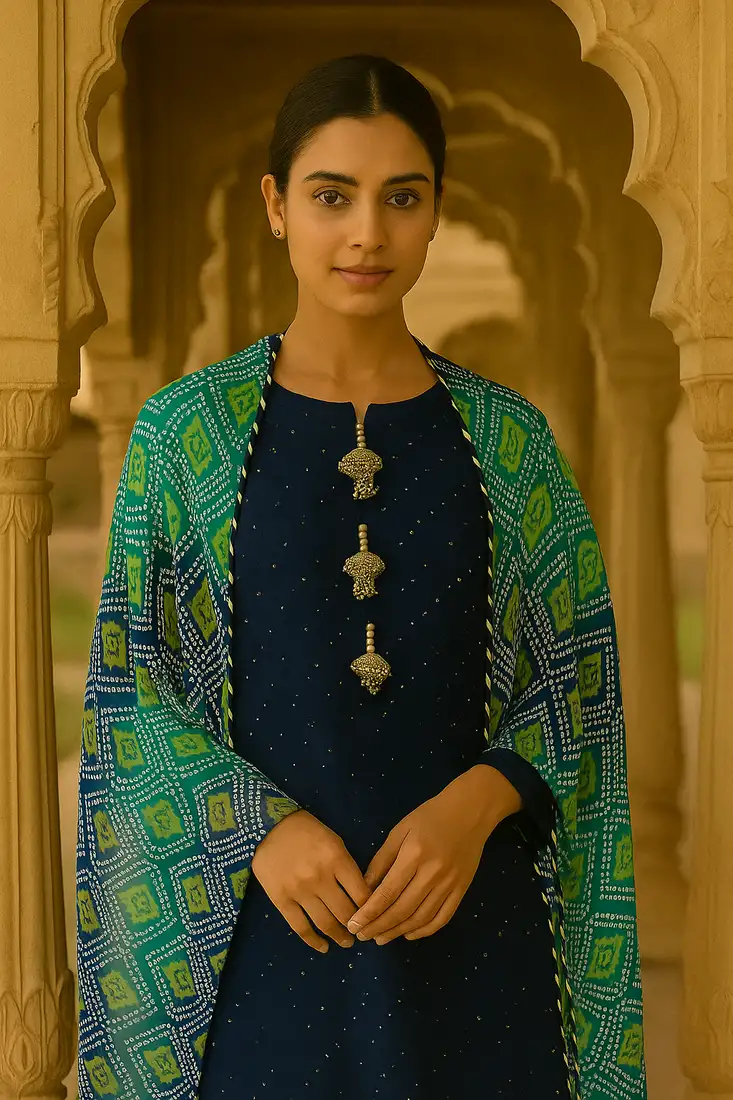 Cotton blend self weaving suit with bandhej print dupatta stitched