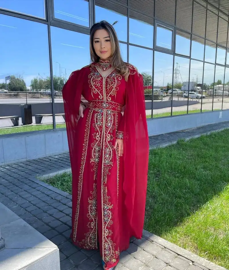 Red crystal work moroccan dubai kaftans wedding bridesmaid dress