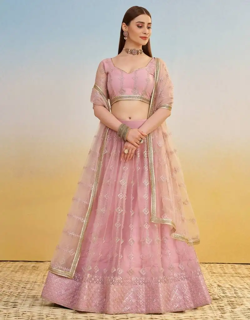 Baby pink thread embroidery net lehenga choli with dupatta