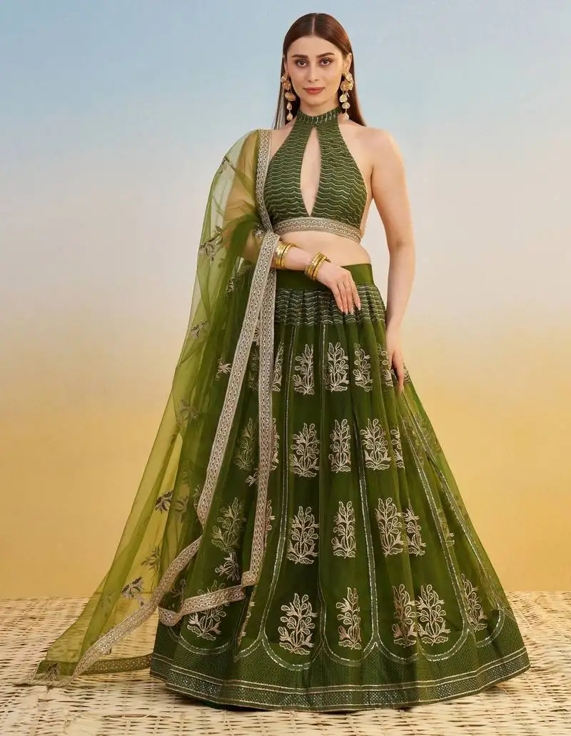 Mehendi green net lehenga with sequin & thread embroidered lehenga choli