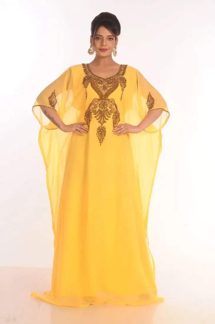 Yellow dubai moroccan kaftan farasha abaya maxi modern fancy floor length dress