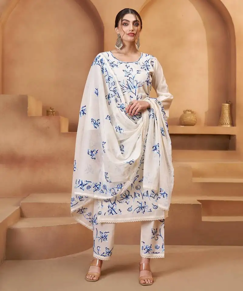 Women's mesmerizing off white cotton embroidered festival wear pant suit semi stitched