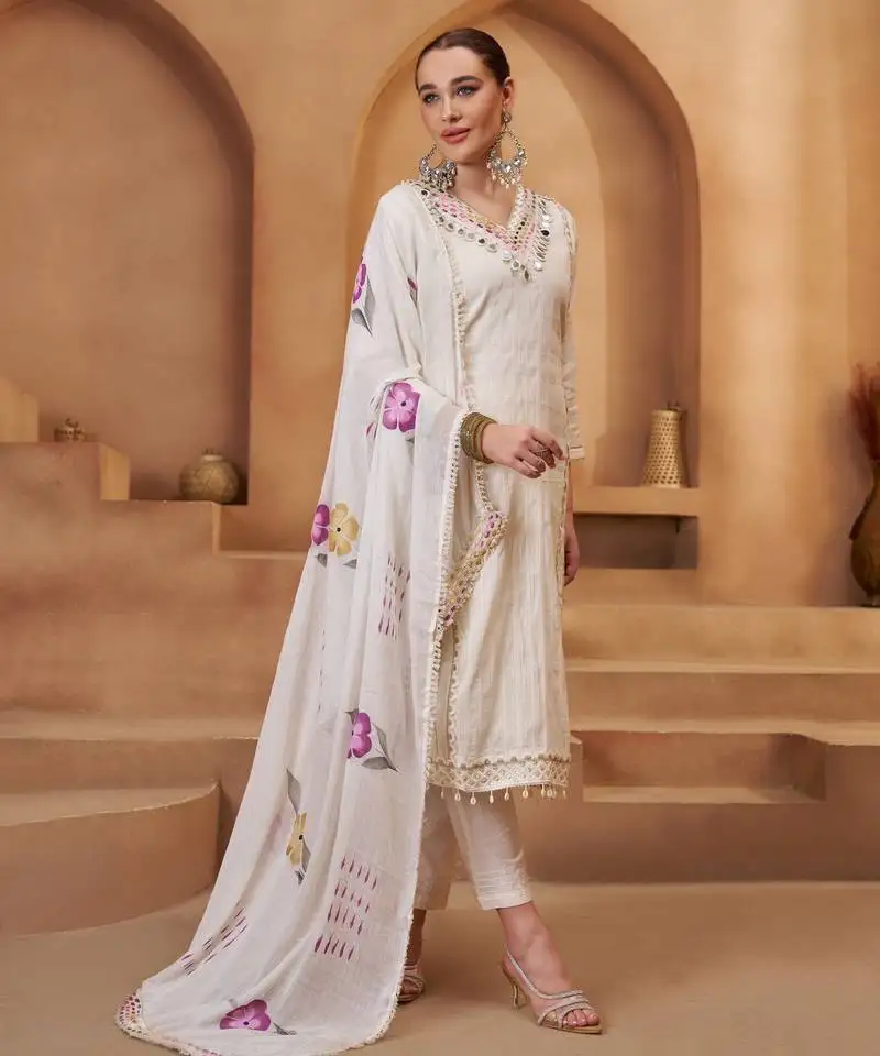 Women's precious off white mirror work cotton straight suit with dupatta semi stitched