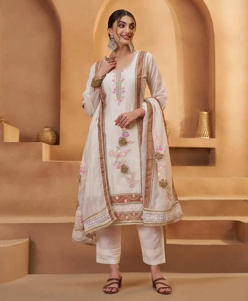 Women's lavishing off white floral embroidered cotton pant suit with dupatta semi stitched