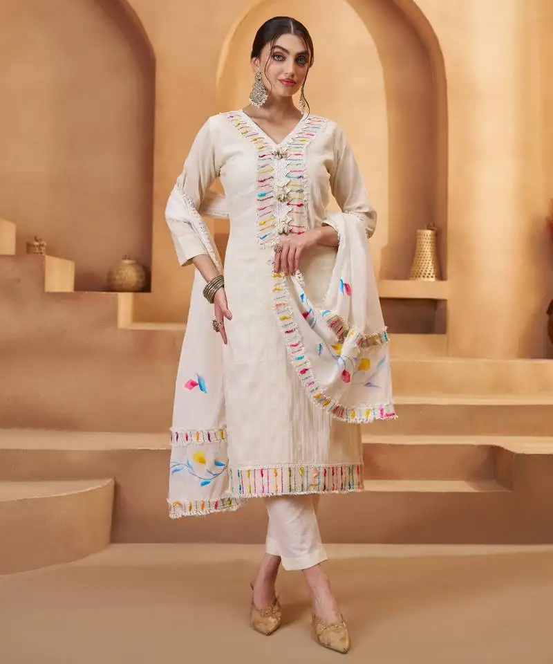 Women's pretty off white cotton multi-thread work casual wear pant suit semi stitched