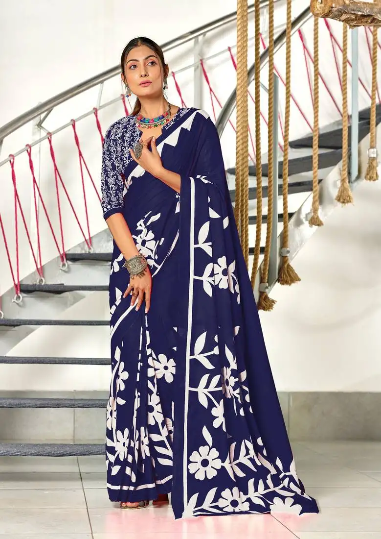 Navy blue soft cotton block print saree with unstitched blouse piece