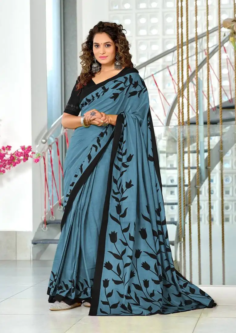 Blue soft cotton block print saree with unstitched blouse piece