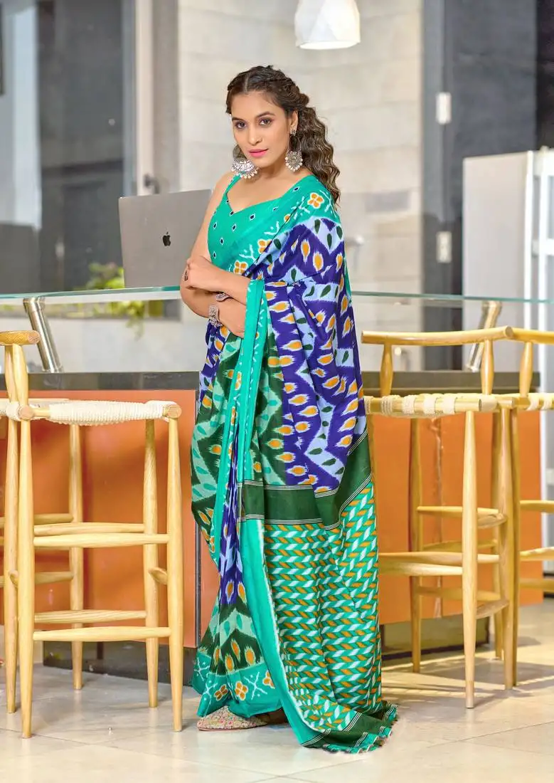 Blue soft cotton block print saree with unstitched blouse