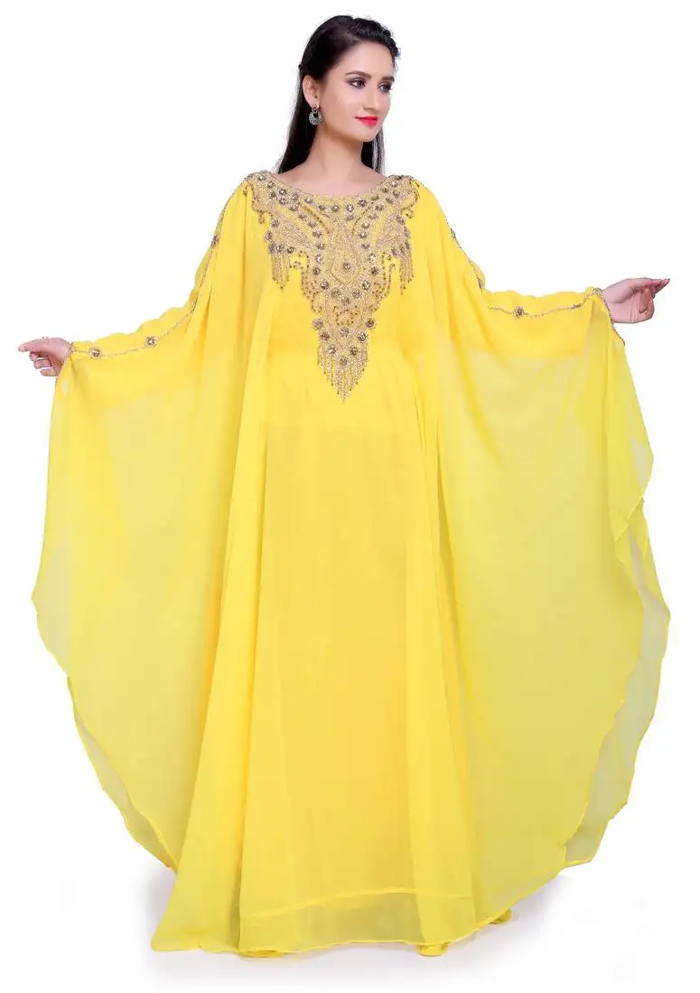 Radiant yellow designer stitched kaftan with intricate handwork embroidery