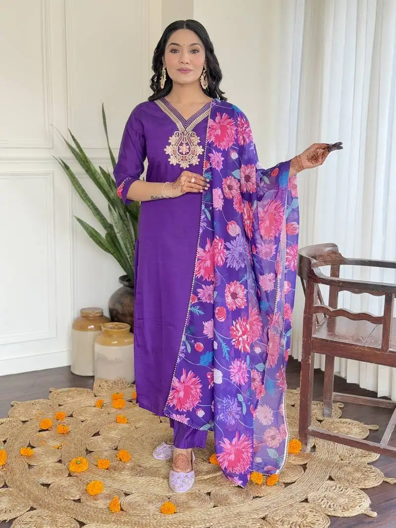 Women's beautiful roman silk embroidered straight kurta with pant and dupatta set