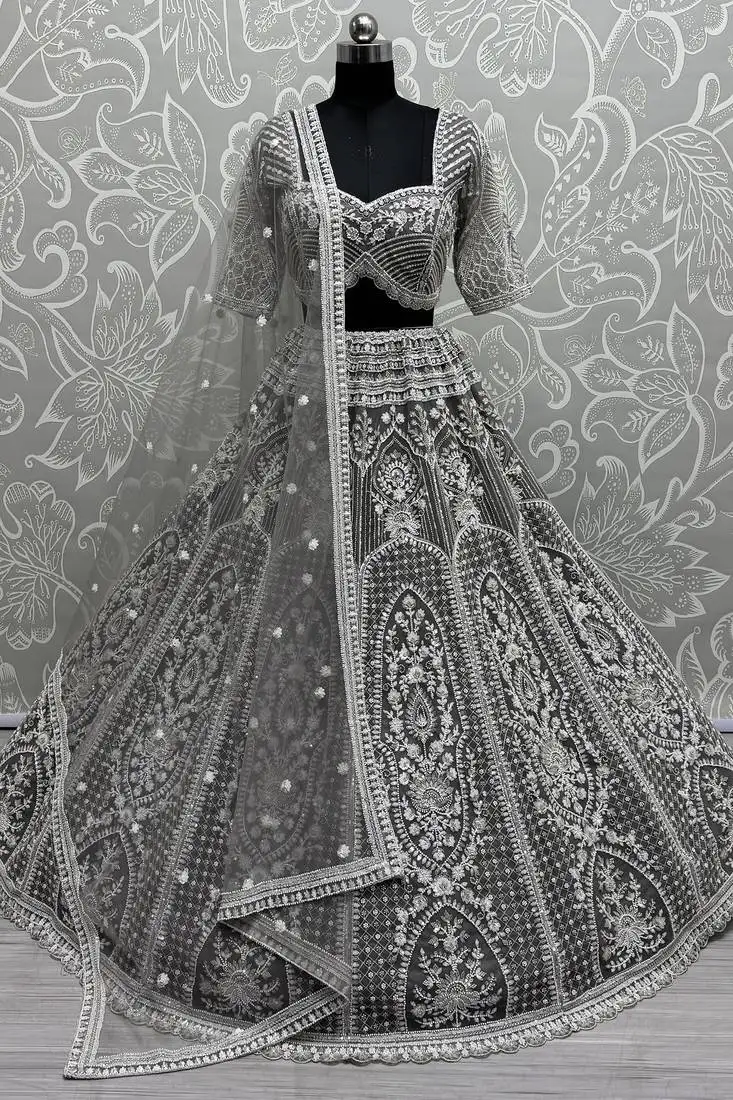 Grey pearl work net lehenga choli