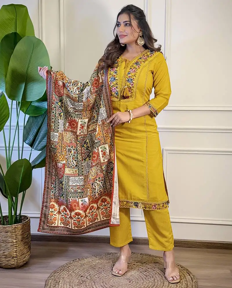 Women's gorgeous viscose embroidery straight kurta with pant and dupatta set