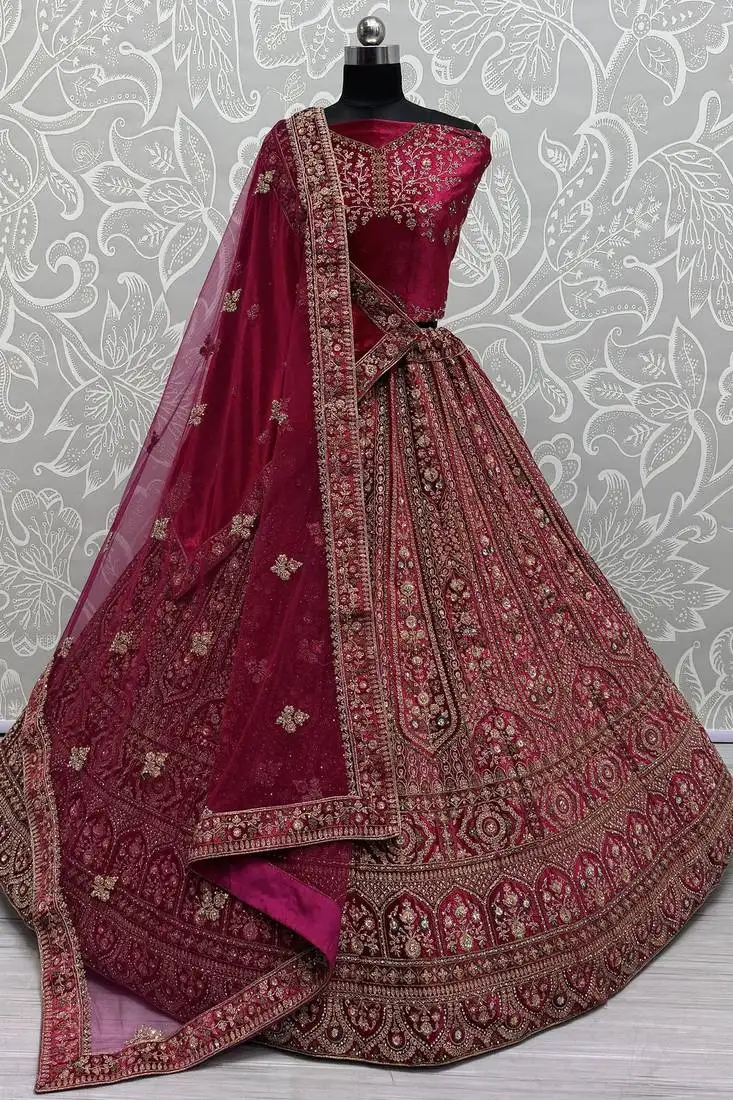 Pink dori work velvet bridal lehenga choli with double dupatta