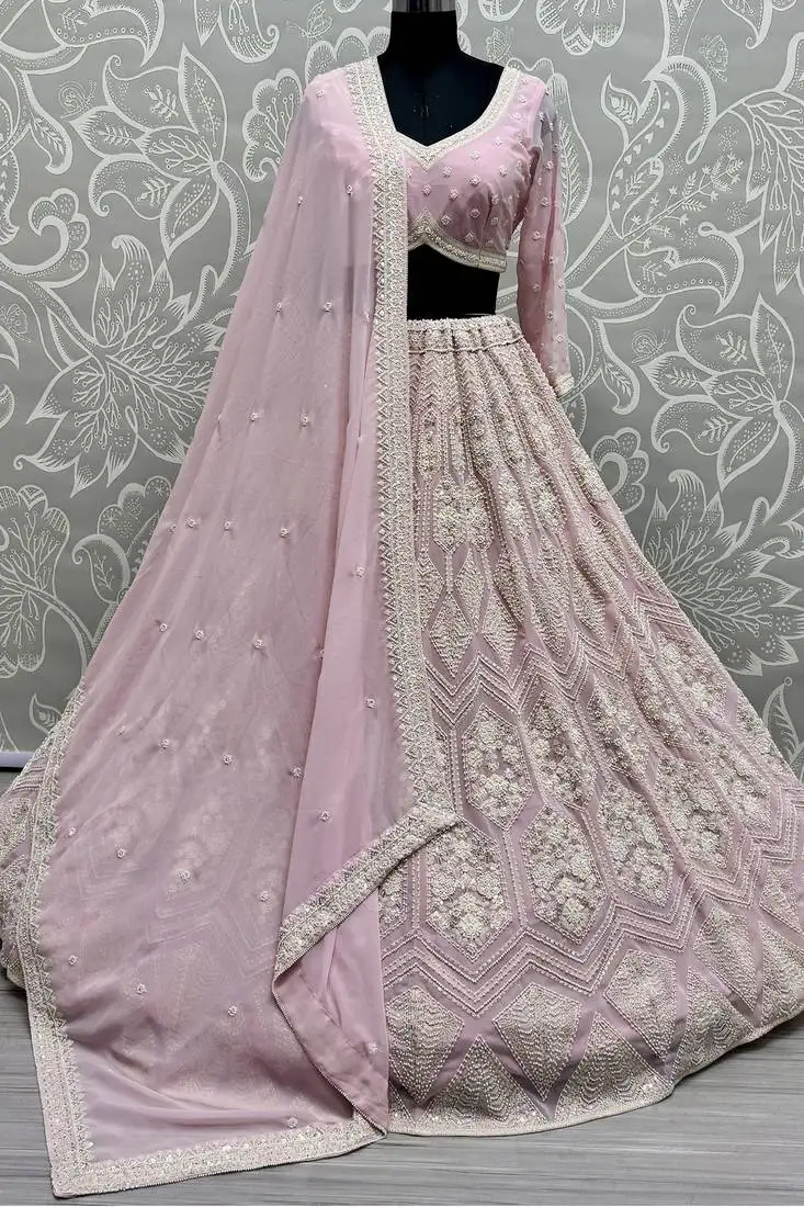 Pink pearl work georgette lehenga choli