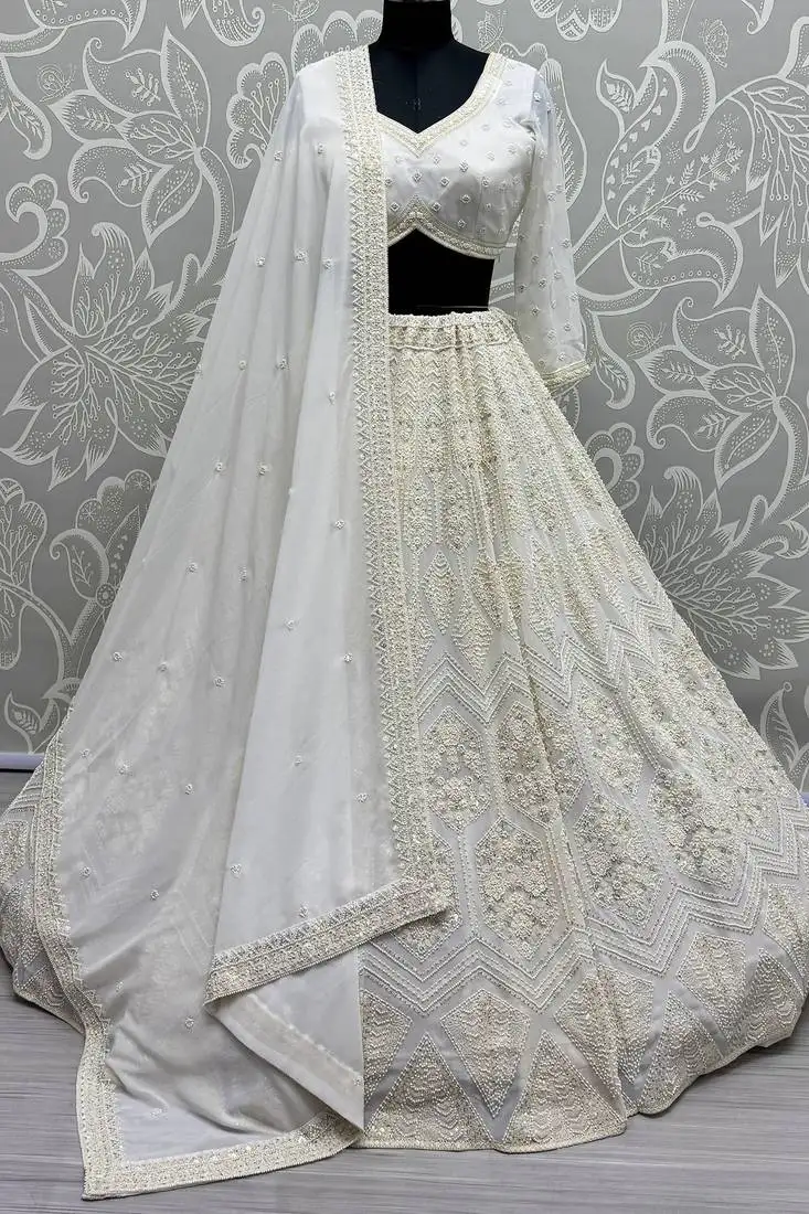 White pearl work georgette monochrome lehenga choli
