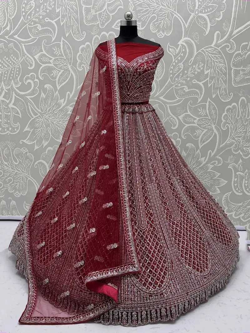 Attractive red net zircon work bridal wear lehenga choli with dupatta