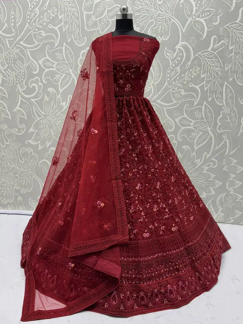 Beautiful red net thread embroidered bridal lehenga choli with dupatta
