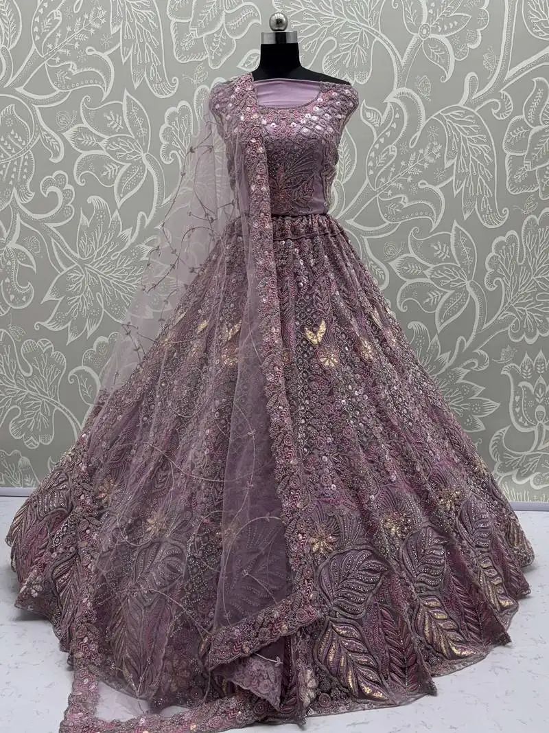 Stunning lavender net zircon work bridal lehenga choli with dupatta