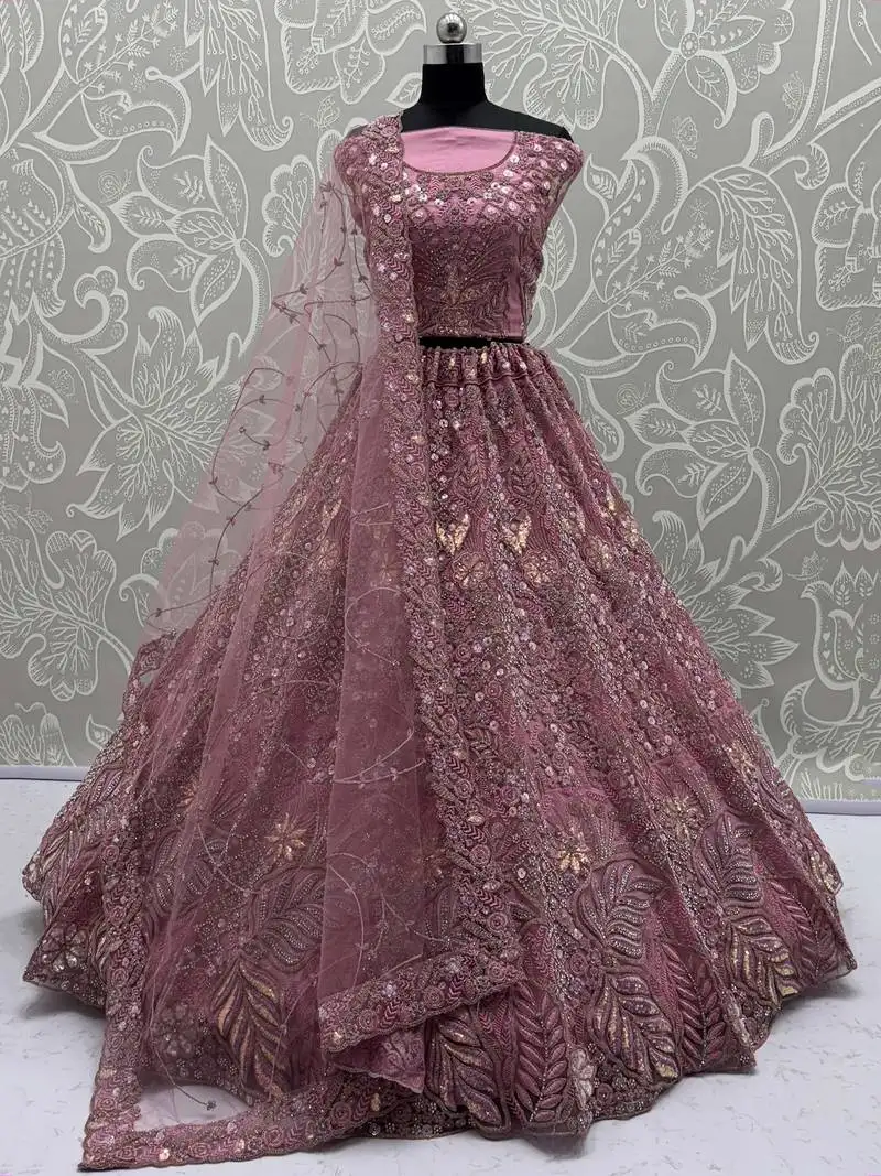 Pretty pink dori embroidered net bridal wear lehenga choli