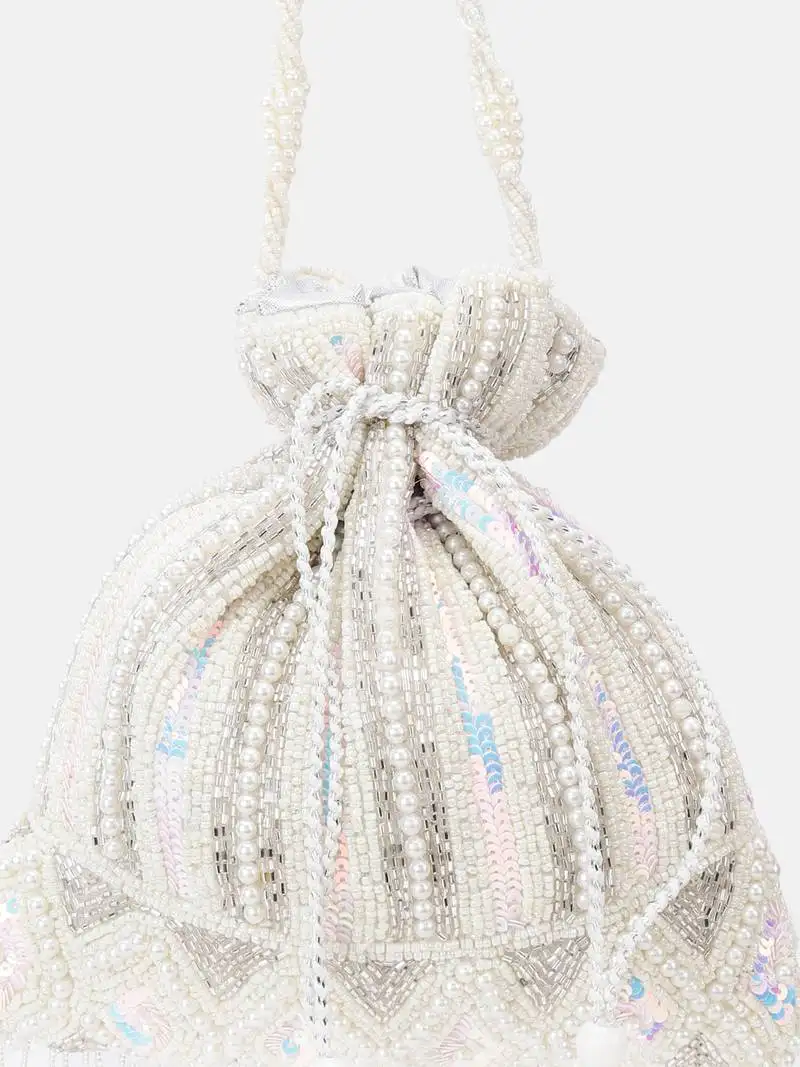 White bridal embellished pearl and sequined potli bag