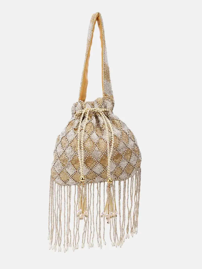 Beaded bridal potli bag in radiant gold and silver hues