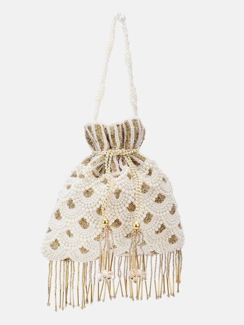 Off-white pearl & gold hand-beaded potli bag