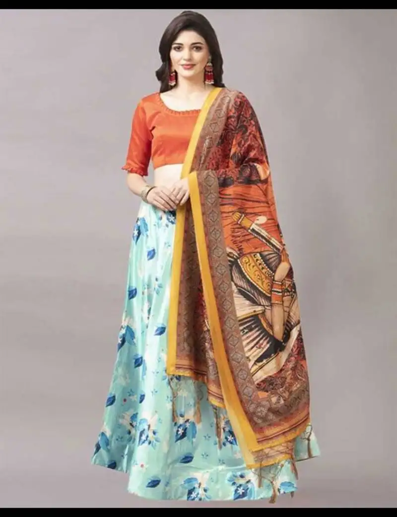 Aqua-blue floral print satin silk lehenga choli with jacquard unstitched blouse and assami silk thread work dupatta