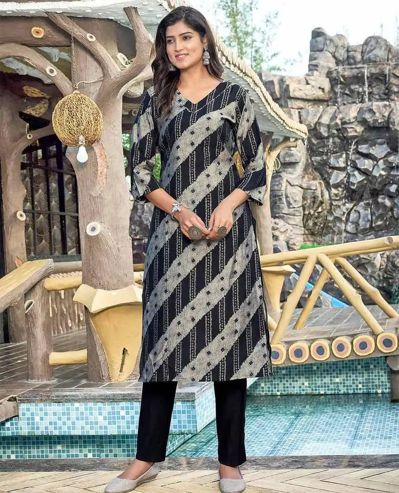 Black rayon with digital print kurti set womens