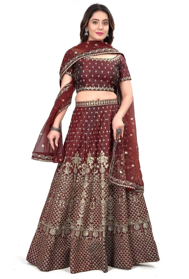 Maroon sequins and dori embroidered satin silk semi stitched lehenga choli