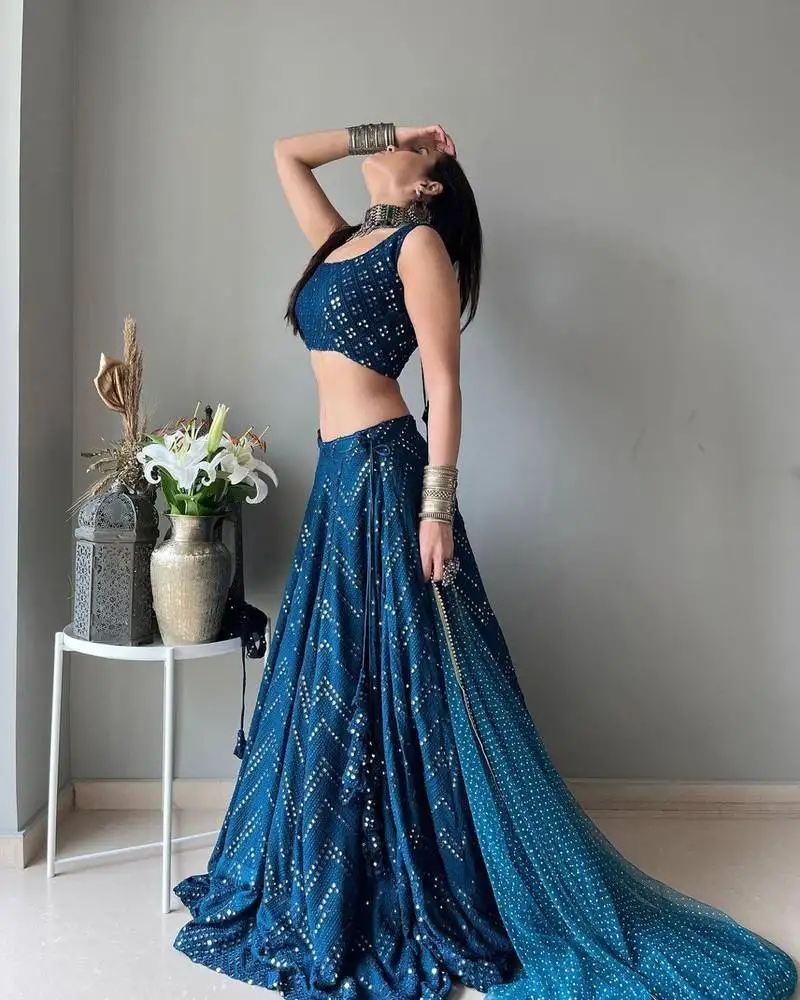 Blue faux georgette embroidered semi stitched lehenga choli with dupatta