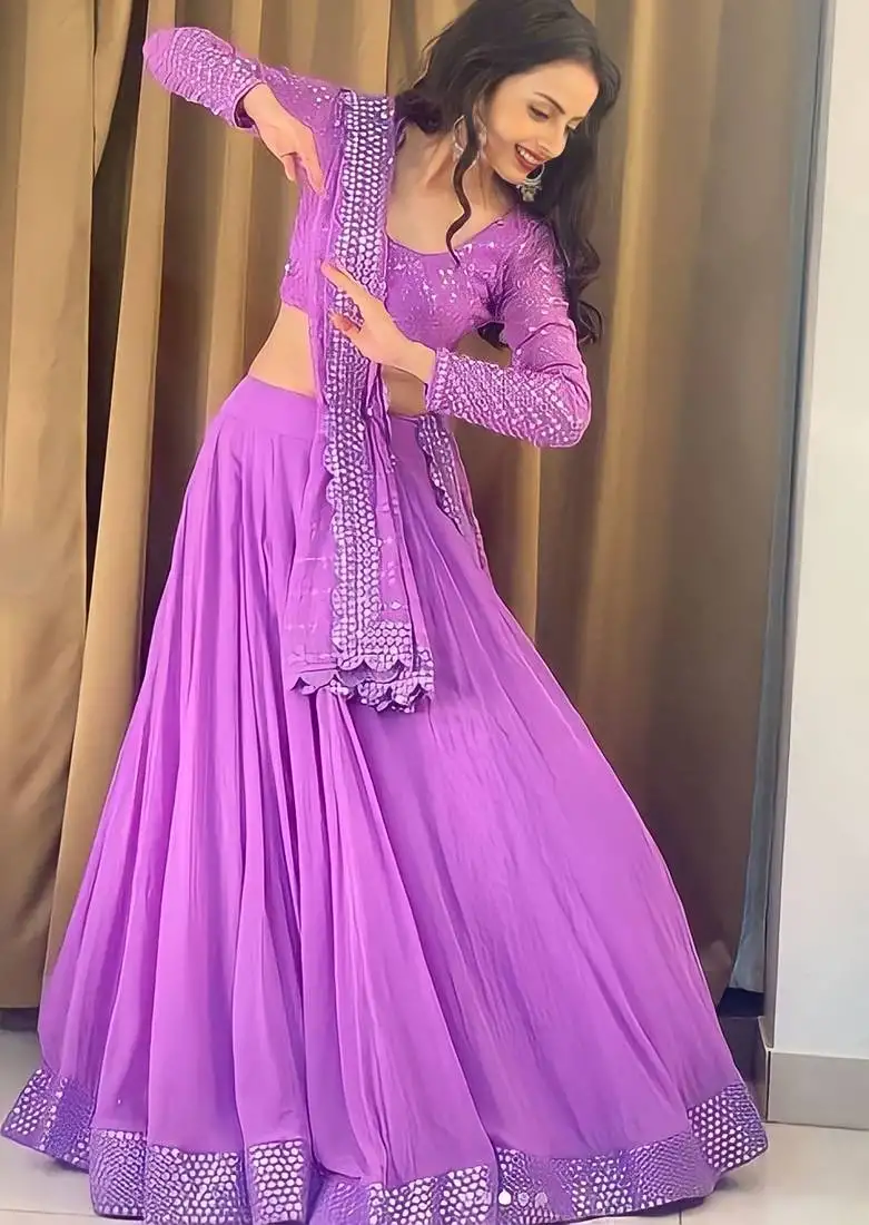 Lavender embroidered faux georgette lehenga