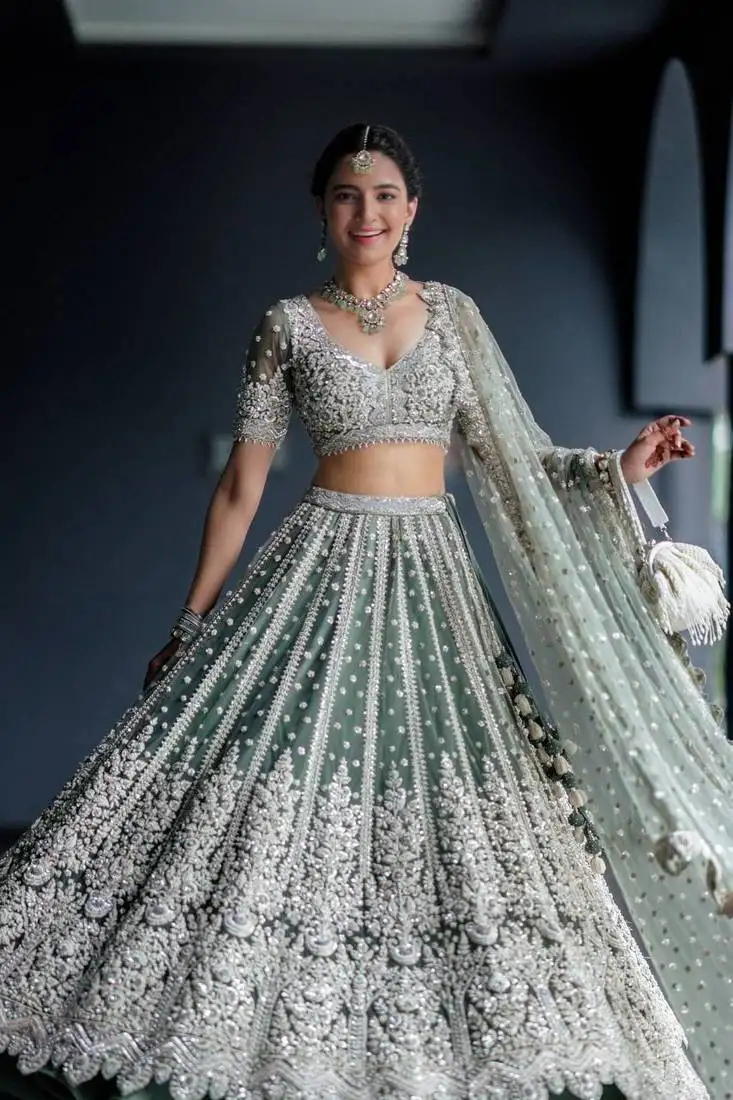 Amazing sea green net with dori & sequence work lehenga choli at wedding function